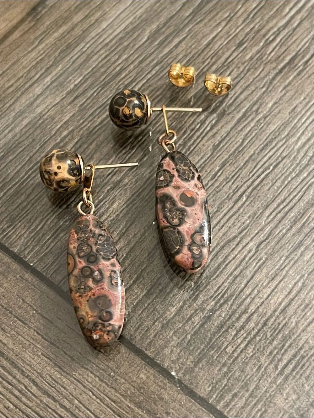 Vintage Leopard Skin Jasper Oval Dangle Drop Earrings Ball/Post Convertible